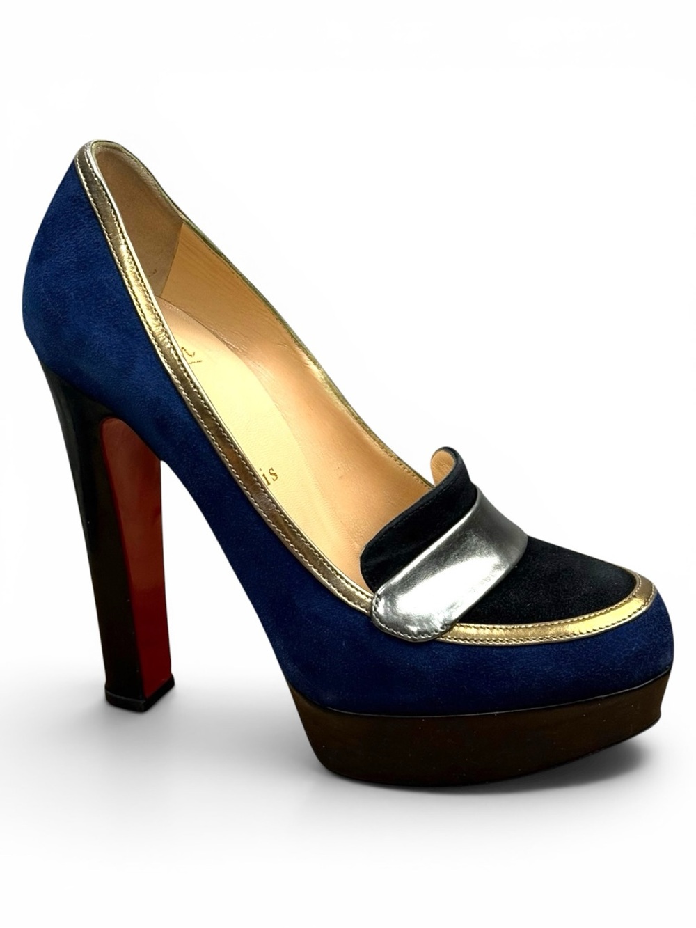 Christian Louboutin Trotitella 140 Blue Suede Metallic Platform Pumps Red Sole - Picture 10 of 10